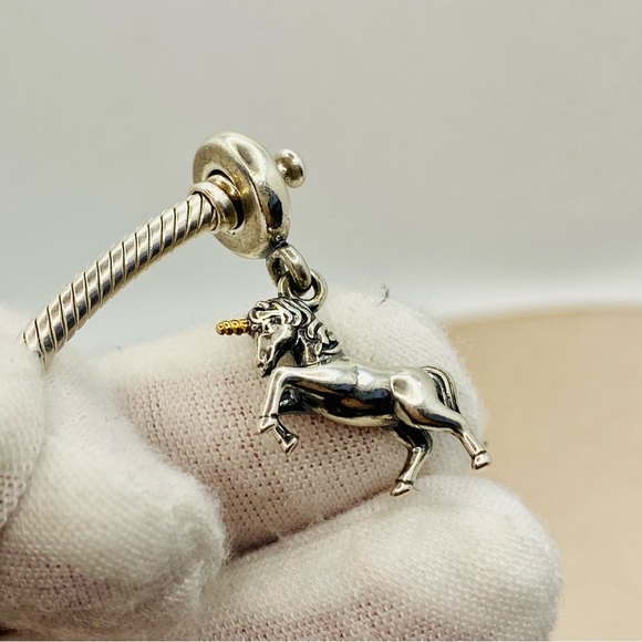 EUC Pandora 791200 Sterling Silver & 14K Gold Unicorn Fantasy Animal Dangle Bead - Picture 8 of 11